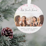 Custom photo best friends forever pink glitter ornament<br><div class="desc">A gift for your best friend(s) for birthdays,  Christmas or a special event. Black text: Best Friends Forever,  written with a trendy hand lettered style script. Personalize and use your own photo and names. A chic white background,  decorated with pink faux glitter dust.</div>