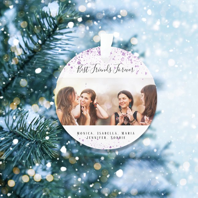 Custom photo best friends forever purple glitter ornament (Creator Uploaded)
