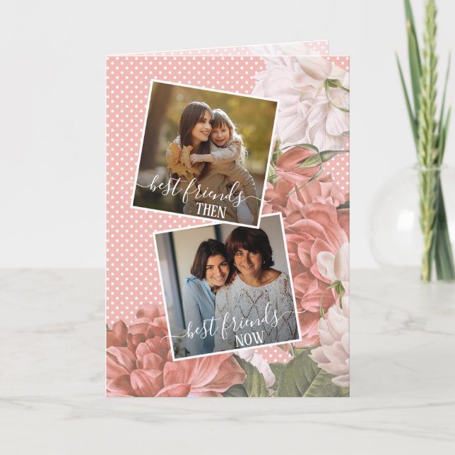 Custom Photo Best Friends Quote Spring Pink Floral Card (Front)