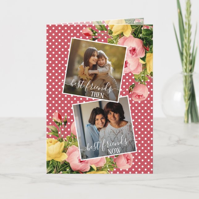 Custom Photo Best Friends Quote Spring Pink Floral Card (Front)