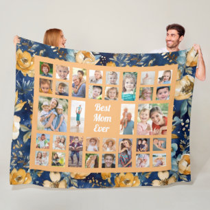 Custom Photo Best Mom Ever Blue Yellow Flowers Fleece Blanket