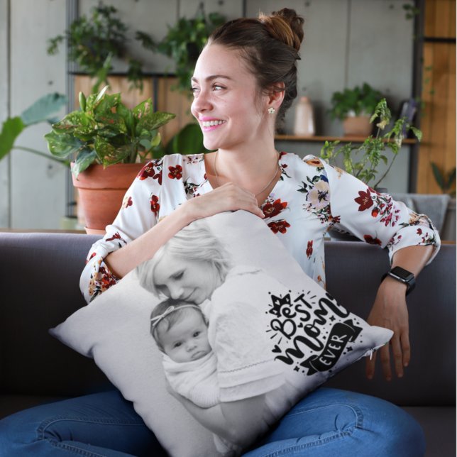 Custom Photo Best Mom Ever Pink Gold Stripe Back T Throw Pillow (Creator Uploaded)