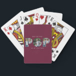Custom Photo “Best Pop Ever” Burgundy modern Playing Cards<br><div class="desc">Celebrate the world’s best dad or grandpa with this Custom Photo “Best Pop Ever” playing cards. Personalize it with your favourite photos and add a heartfelt message for a unique and practical gift he’ll love. The bold “POP” lettering doubles as a photo collage, making it a thoughtful keepsake he can...</div>