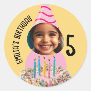 Custom Photo Birthday Any Age Party Hat Cake Classic Round Sticker