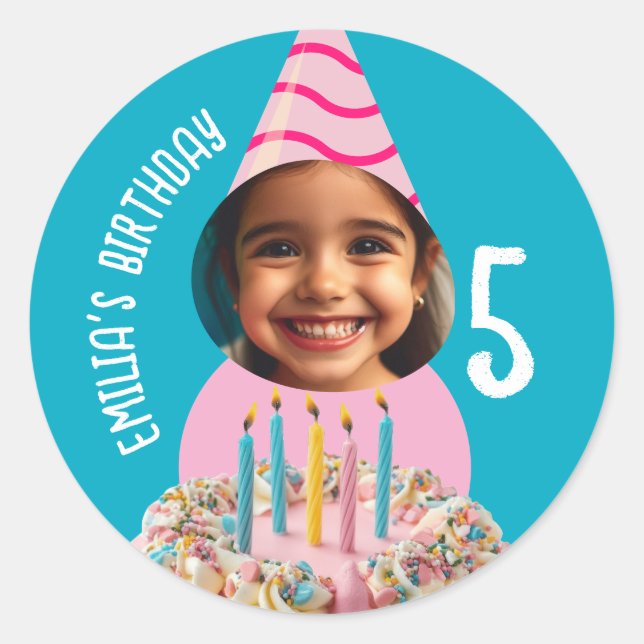 Custom Photo Birthday Any Age Party Hat Cake Classic Round Sticker (Front)