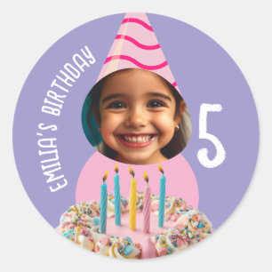 Custom Photo Birthday Any Age Party Hat Cake Classic Round Sticker