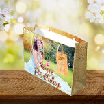 Custom photo  birthday balloon gold name tag large gift bag<br><div class="desc">The text Happy Birthday in faux rose gold,  with a large handwritten balloon style script. An elegant faux rustic gold metallic looking background. Template for your photo,  and a tag with space for names.</div>