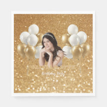 Custom Photo Birthday Paper Napkin Gold & White