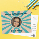 Custom Photo Birthday Party Invitation Retro Teal Postcard<br><div class="desc">Cool retro tan and teal photo birthday postcard invitation for an adult party. Customize with the honoree's photograph and personalize your party details on the back of the invite.</div>