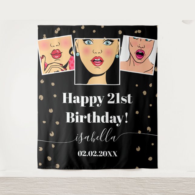 Custom Photo Birthday Party Modern Black Backdrop Tapestry (Front)