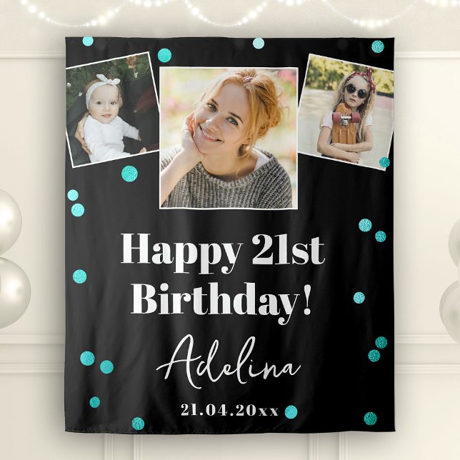 Custom Photo Birthday Party Modern Teal Backdrop Tapestry (Creator Uploaded)