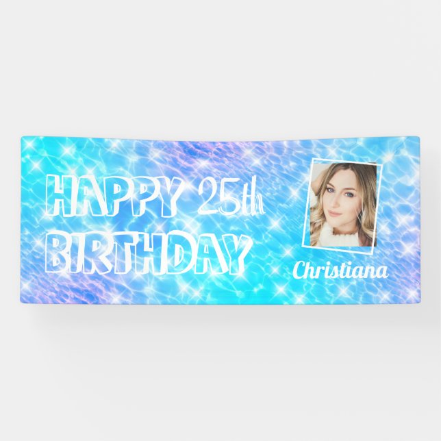 Custom photo Birthday pool party blue water ripple Banner (Horizontal)