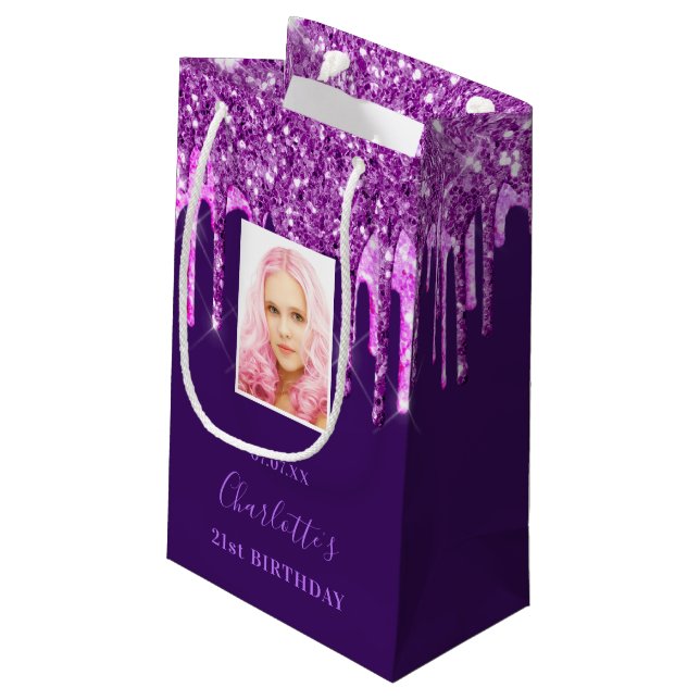 Custom photo birthday purple pink glitter drips small gift bag (Back Angled)
