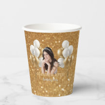 Custom Photo Birthday Set of 8 Paper Cups Gold