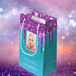 Custom photo birthday teal purple glitter drips small gift bag<br><div class="desc">A gift bag for a girly and glamourous Sweet 16, 16th (or any age) birthday. A teal, blue gradient background with purple and pink faux gold glitter drips, paint dripping look. The text: The name is written with a modern white hand lettered style script. Tempate for a date and age...</div>