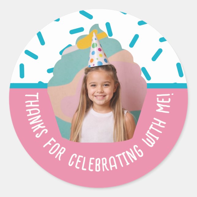 Custom Photo Birthday Thank You Cupcake Sprinkles Classic Round Sticker (Front)