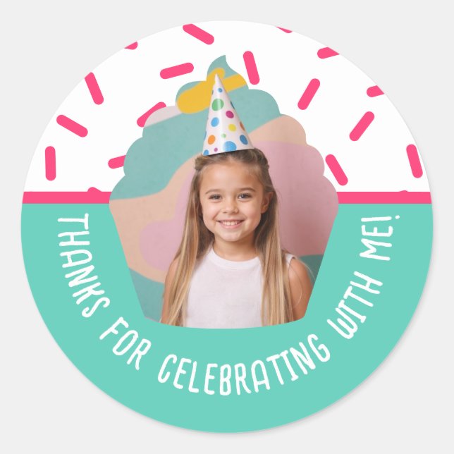Custom Photo Birthday Thank You Cupcake Sprinkles Classic Round Sticker (Front)