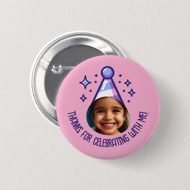 Custom Photo Birthday Thanks Party Hat Favours 2 Inch Round Button (Front & Back)