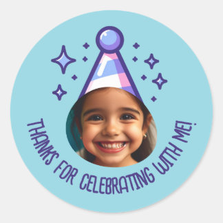Custom Photo Birthday Thanks Party Hat Favours Classic Round Sticker