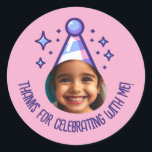 Custom Photo Birthday Thanks Party Hat Favours Classic Round Sticker<br><div class="desc">These festive stickers make the perfect party favours or thank you expressions for celebrating birthdays. Personalize with the birthday kid's photo and name. You can also change the colours of the text.</div>