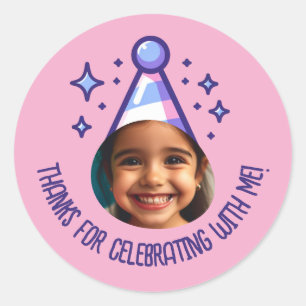 Custom Photo Birthday Thanks Party Hat Favours Classic Round Sticker