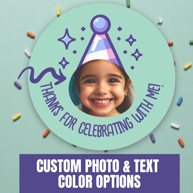 Custom Photo Birthday Thanks Party Hat Favours Classic Round Sticker (Custom Photo Birthday Thanks Party Hat Favors Classic Round Sticker.)