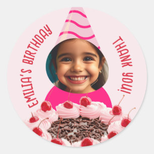Custom Photo Birthday Thanks Party Hat Pink Cake Classic Round Sticker