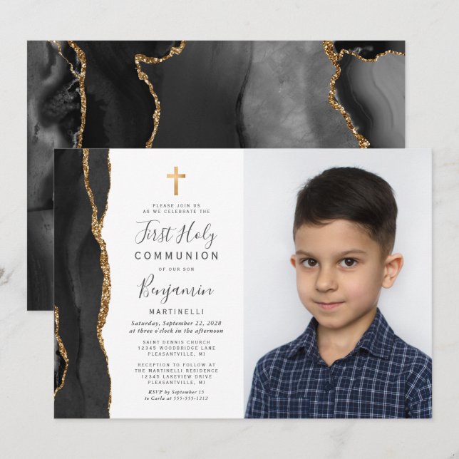 Custom Photo Black Agate Gold First Communion Invitation (Front/Back)