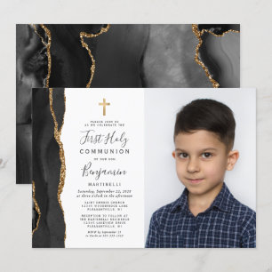 Custom Photo Black Agate Gold First Communion Invitation