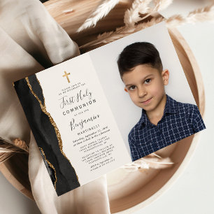 Custom Photo Black Agate Gold First Communion Invitation