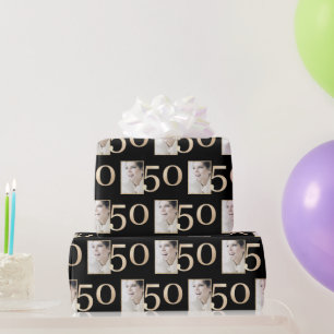 Custom Photo Black and Gold 50th Birthday Wrapping Paper