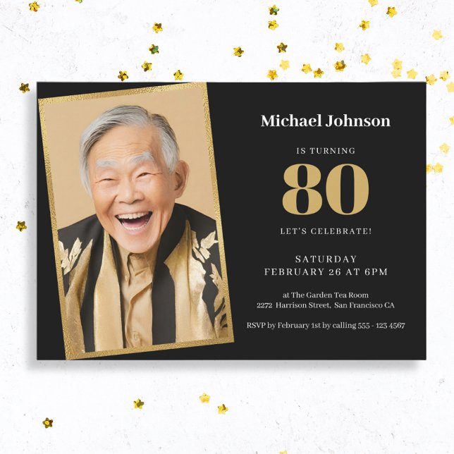 Custom Photo Black and Gold 80th Birthday Invitation (Mock Up View)