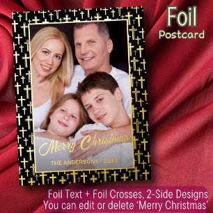 Custom photo black and gold holly cross Christmas Foil Holiday Postcard