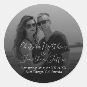 Custom Photo Black and White Wedding Classic Round Sticker