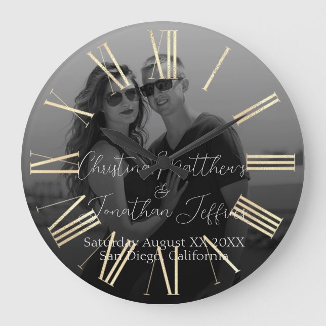 Custom Photo Black and White Wedding Large Clock (Front)