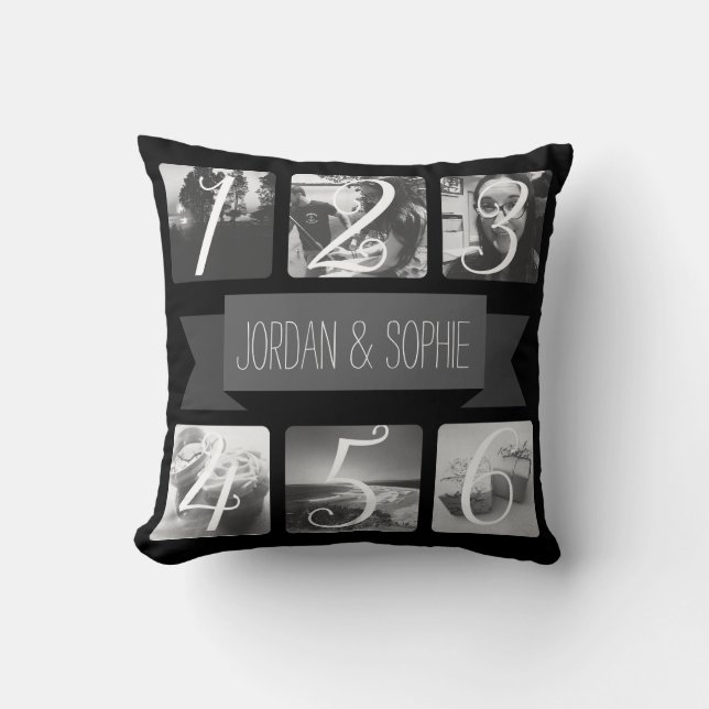 Custom Photo Black Banner Text Throw Pillow (Front)