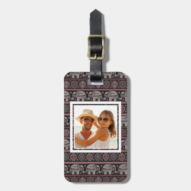 Custom Photo Black Ethnic Elephant Pattern Luggage Tag (Front Vertical)