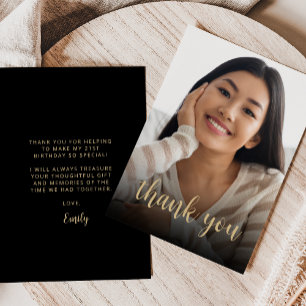 Custom Photo Black Gold 21st Birthday Party Thank You Card