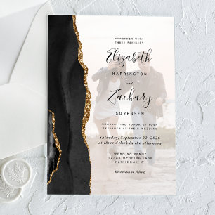 Custom Photo Black Gold Agate Wedding Acrylic Invitations