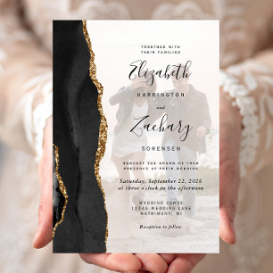 Custom Photo Black Gold Agate Wedding Invitation