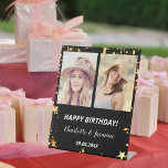 Custom photo black gold stars 2 persons birthday pedestal sign<br><div class="desc">A photo welcome sign for 2 persons,  friends,  sisters,  twins.  A black background,  decorated with faux gold stars. Personalize and add 2 photos,  names and date(s)</div>