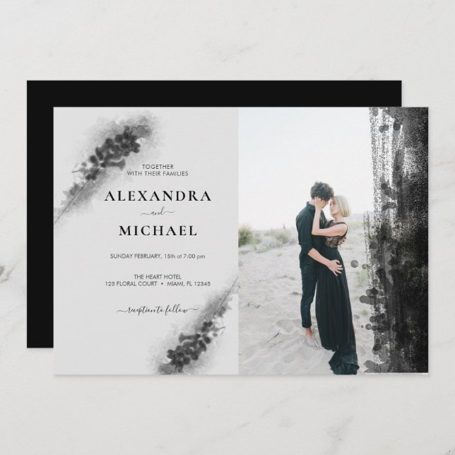 Custom Photo Black Lavander Floral Wedding Invitation (Front/Back)