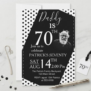 Custom Photo Black Polka Dot Daddy 70th Birthday Invitation