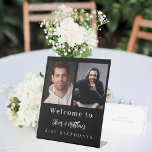 Custom photo black white friends birthday welcome pedestal sign<br><div class="desc">A photo welcome sign for 2 persons,  friends,  siblings,  twins.  Black background,  white text.  Personalize and add 2 photos,  names and date(s)</div>