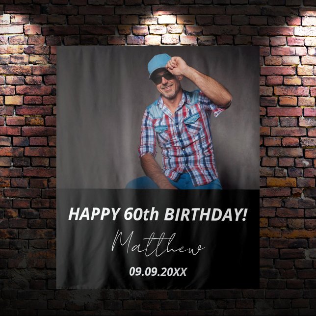 Custom photo black white guy 60th birthday tapestry (Creator Uploaded)