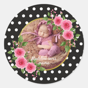 Custom Photo Black White Polka Dot Mother’s Day Classic Round Sticker