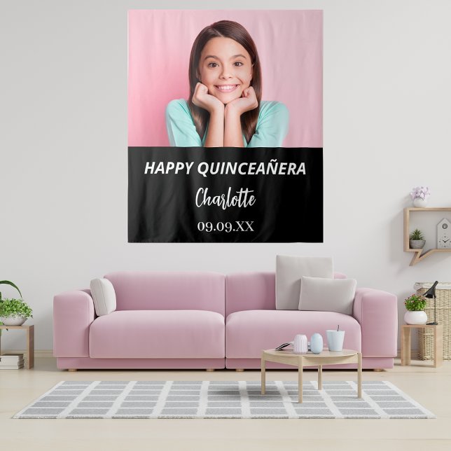 Custom photo black white Quinceanera party welcome Tapestry (Creator Uploaded)