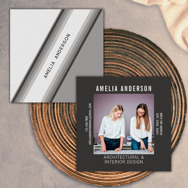 Custom Photo Black & White Retro Stripe 70s, 80s Square Business Card (Front/Back)