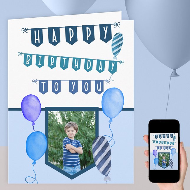 Custom Photo Blue Bunting and Balloons Birthday Card (Creator Uploaded)