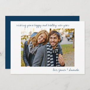 Custom Photo Blue Casual Script Minimal New Year Holiday Card